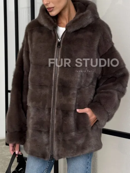 Норковый полушубок с капюшоном на молнии - фото 1
