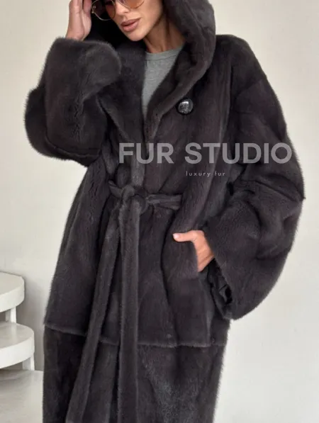 Зимняя норковая шуба с капюшоном - цвет графит - фото 2