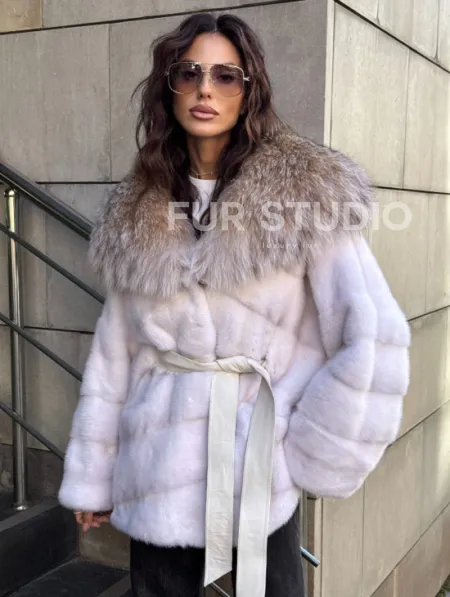 Норковая шуба с мехом рыси - белая - фото 6