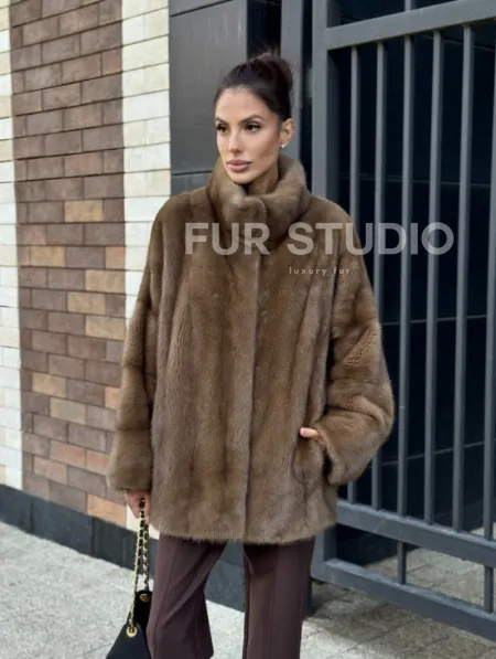 Шуба норковая пастель - стойка воротник - фото 10