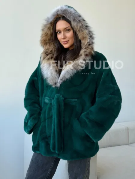 Норковая шуба с капюшоном из рыси - фото 8