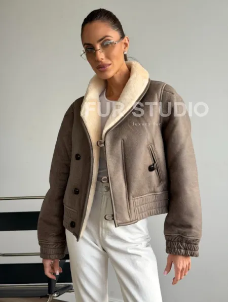 Короткая дубленка - воротник шаль - фото 0