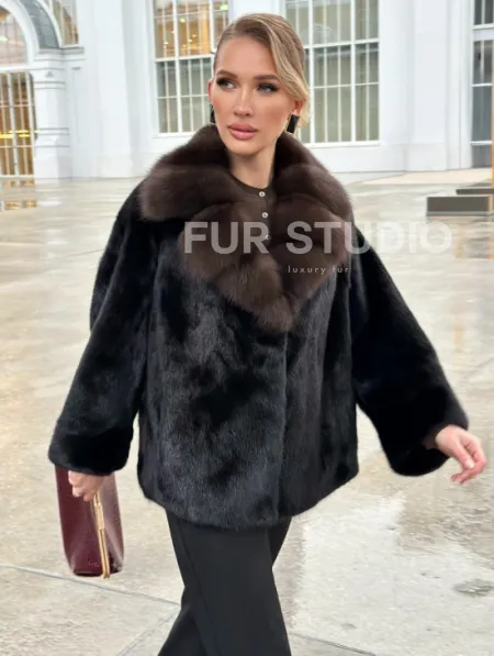 Черный норковый жакет с воротником куницы - фото 9