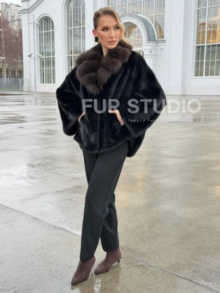 Черный норковый жакет с воротником куницы - фото 8