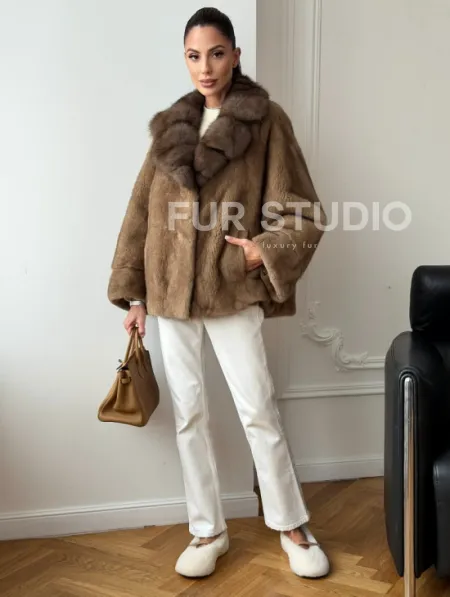 Норковый полушубок с воротником куницы 70 см - фото 6