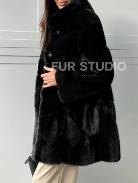 Черная норковая шуба - стойка воротник - фото 1