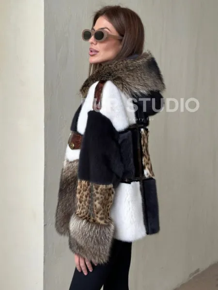 Комбинированная норковая куртка с капюшоном - фото 3
