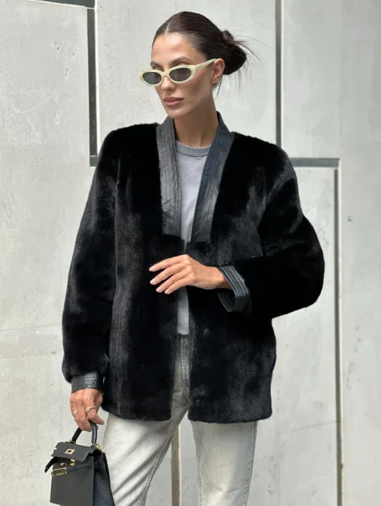 Шуба - жакет из меха норки с отделкой из кожи - фото 6