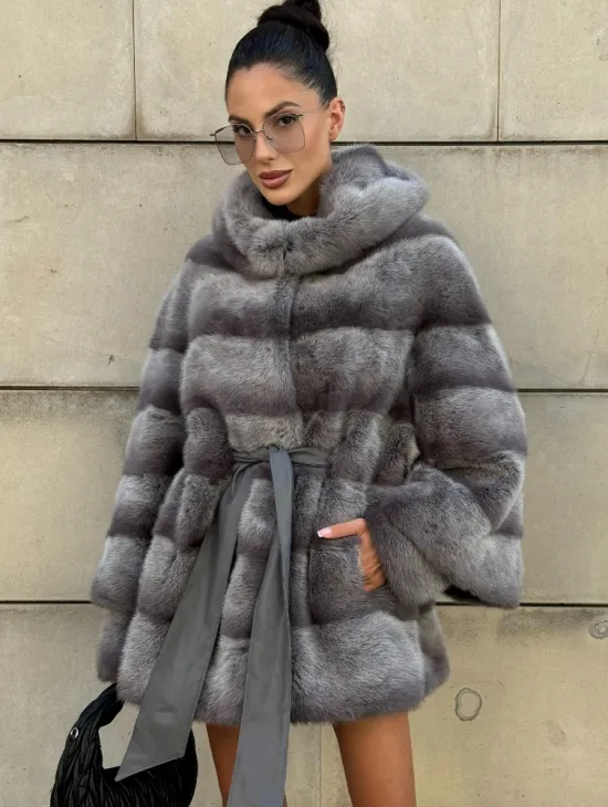 Норковая шуба с рукавом трансформер, капюшон - цвет PLATINUM (СЕРЫЙ) - фото 0