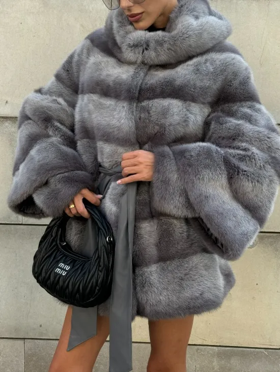 Норковая шуба с рукавом трансформер, капюшон - цвет PLATINUM (СЕРЫЙ) - фото 4