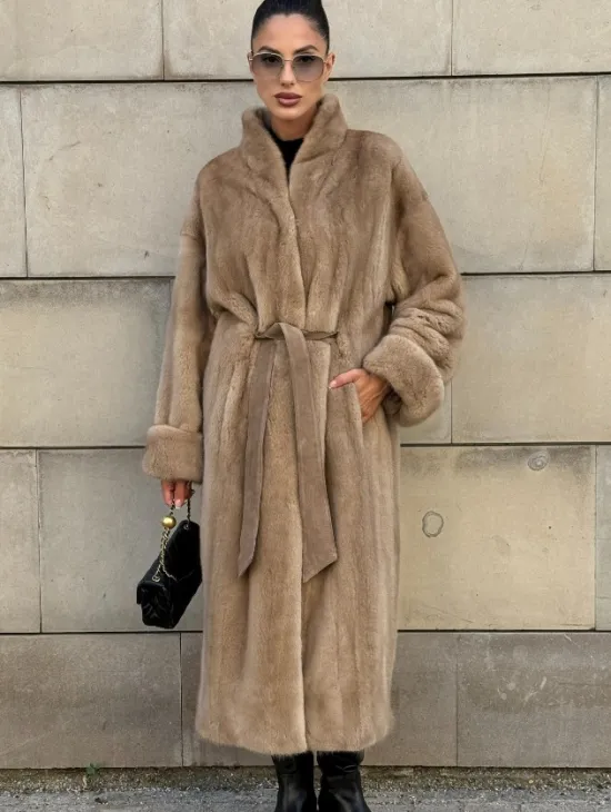 Норковая шуба цельный мех стойка воротник - цвет Caramel - фото 8