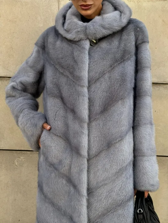 Шуба midi из меха норки с капюшоном, рукава трансформер - фото 2
