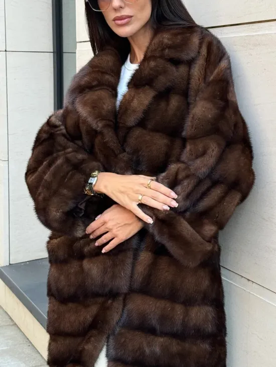 Шуба из меха соболиной норки английский воротник - цвет соболь - фото 1