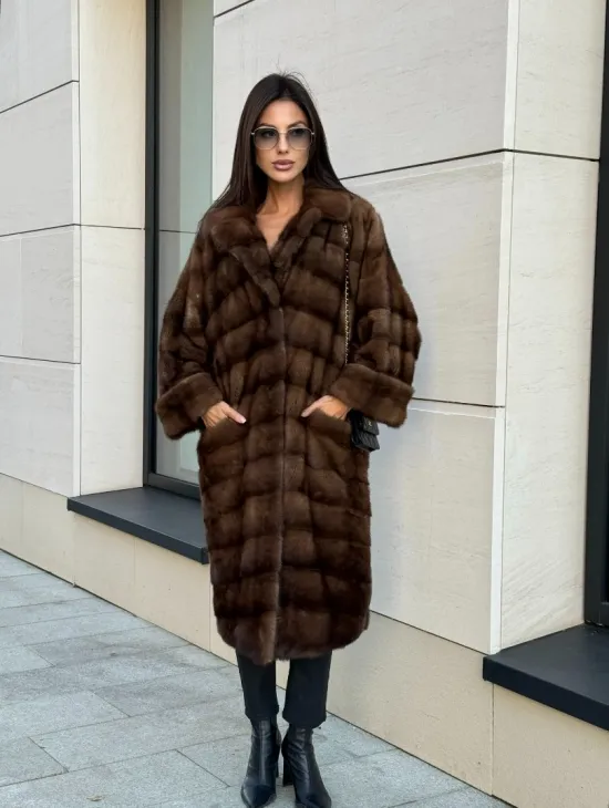 Шуба натуральная из меха норки английский воротник - цвет соболь - фото 8