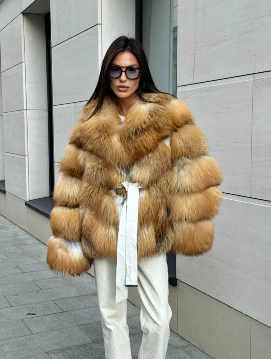 Шуба из меха рыжей лисы в натуральном цвете, паркетной раскладке - фото 8
