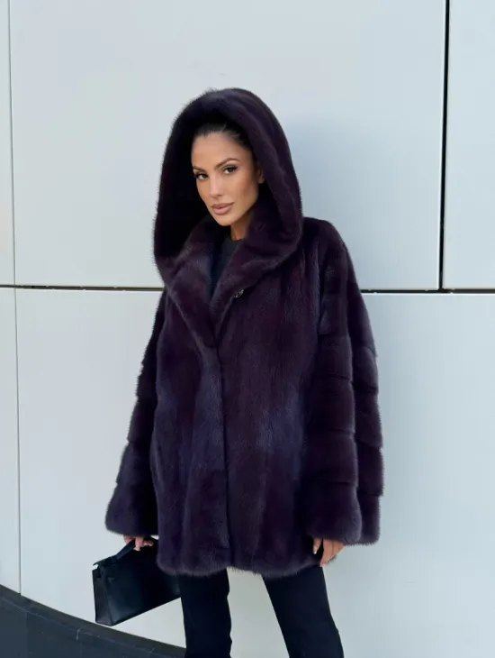 Норковый полушубок автоледи с капюшоном - цвет инжир - фото 14