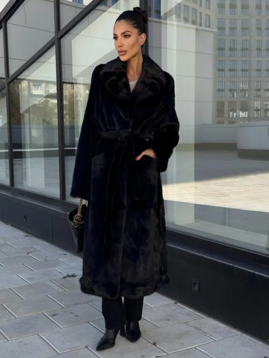 Классическая норковая шуба в финской норке Black с накладными карманами - фото 0