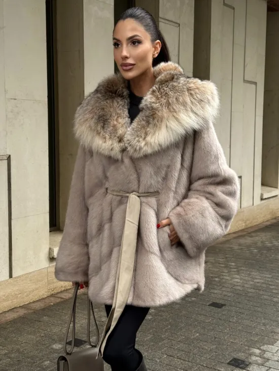 Шуба норковая кимоно с капюшоном из меха рыси, летучая мышь - фото 4