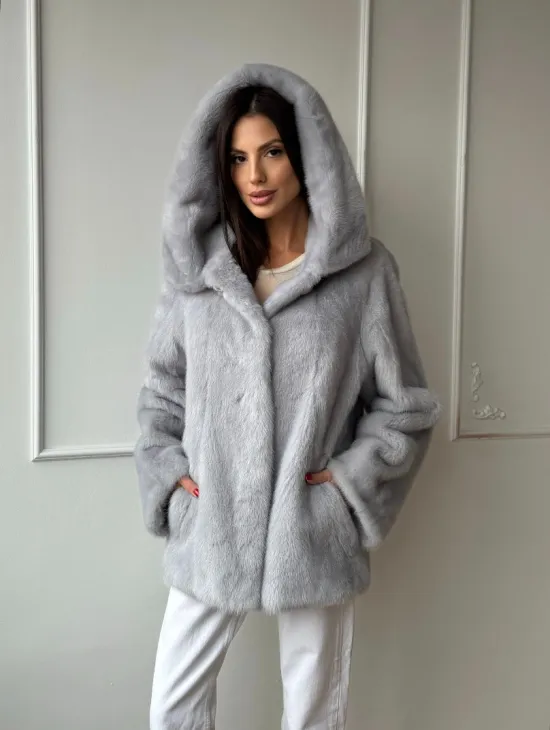 Женский норковый полушубок автоледи с капюшоном из голубой норки - фото 5