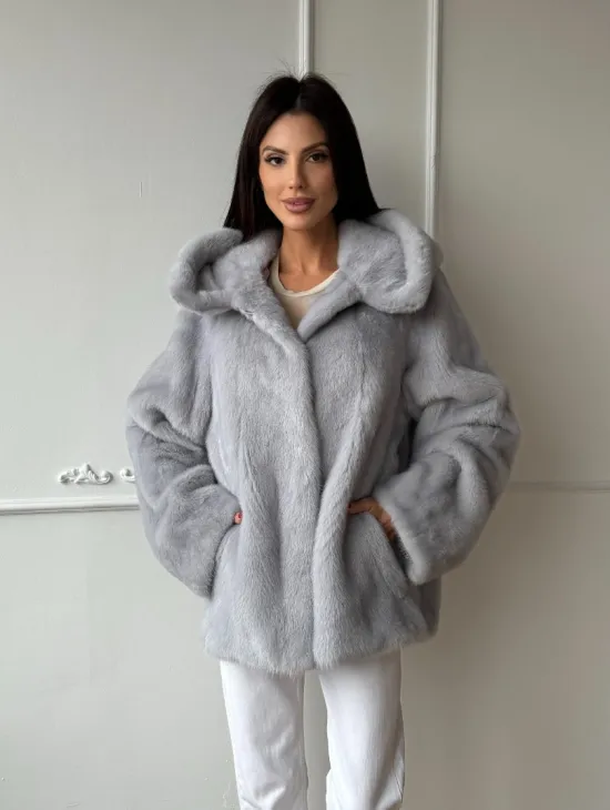 Женский норковый полушубок автоледи с капюшоном из голубой норки - фото 4