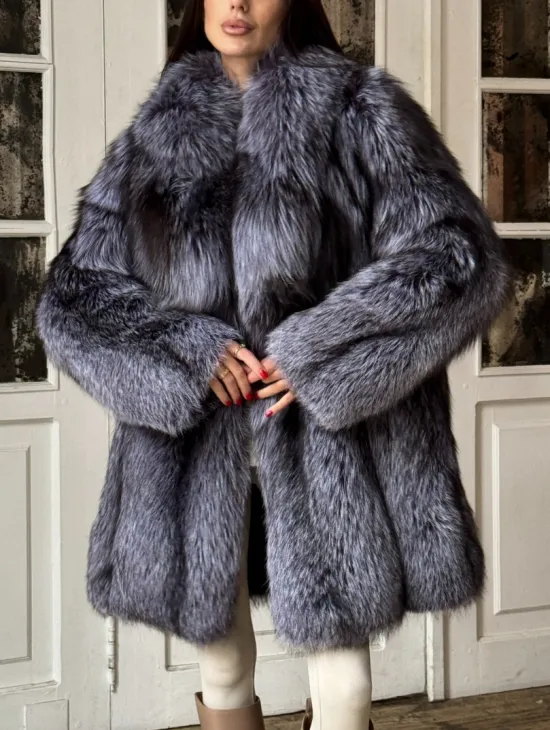 Натуральная шуба из меха чернобурки, воротник шаль - фото 2