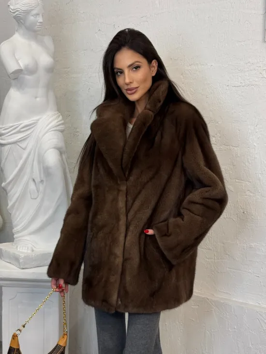 Женский жакет - полушубок Oversize из плюшевой норки Velvet английский воротник - фото 7