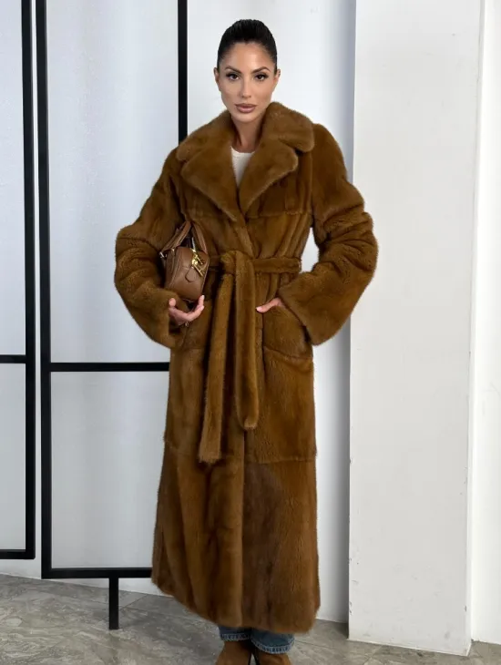 Классическая длинная норковая шуба под пояс - английский воротник - фото 0
