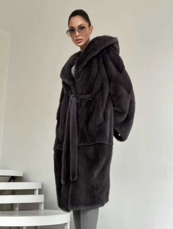 Зимняя норковая шуба с капюшоном - цвет графит - фото 4