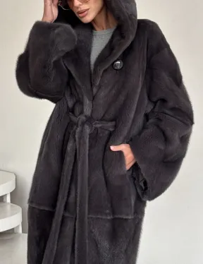 Зимняя норковая шуба с капюшоном - цвет графит - фото 2