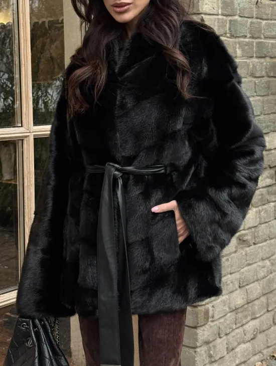 Черный норковый полушубок с воротником V-образным - фото 1