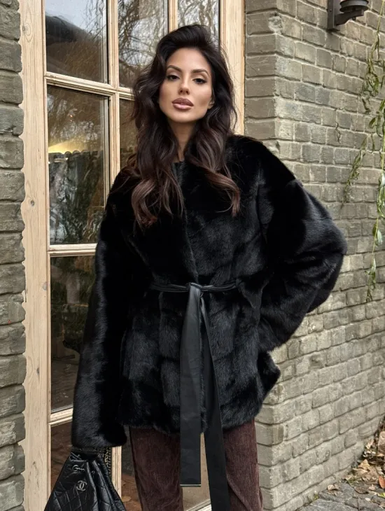 Черный норковый полушубок с воротником V-образным - фото 7