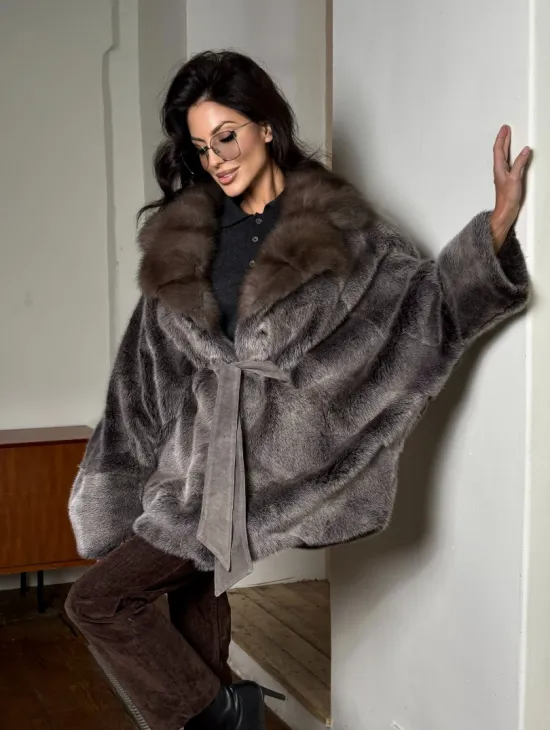 Женский норковый полушубок с воротником из куницы, фасон - летучая мышь - фото 10
