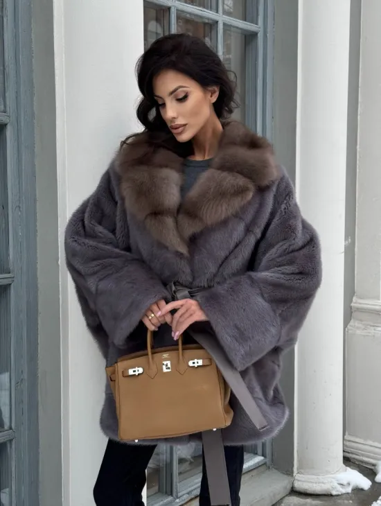 Полушубок летучая мышь из норки с воротником из куницы - цвет графит - фото 7