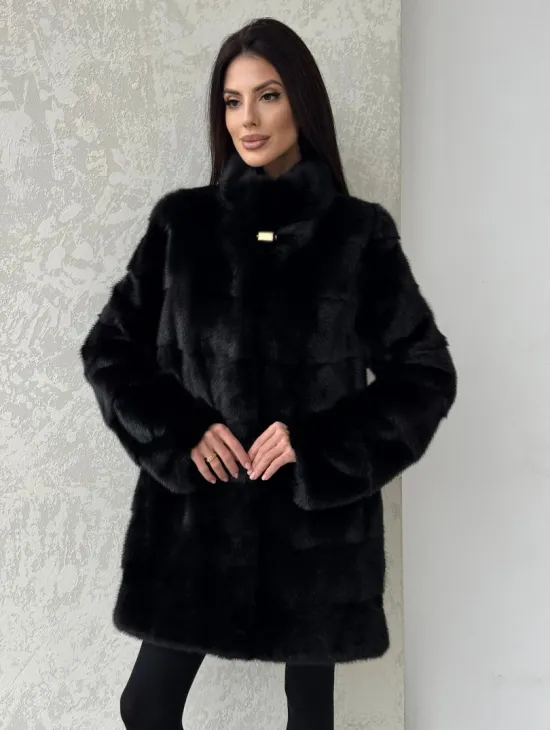 Норковая шуба средней длины стойка воротник - цвет черный - фото 4