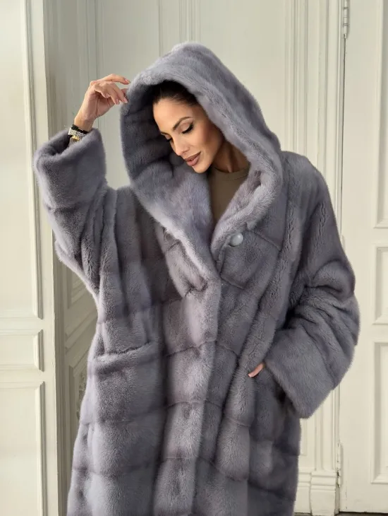 Длинная голубая норковая шуба с капюшоном PLUS SIZE - фото 5