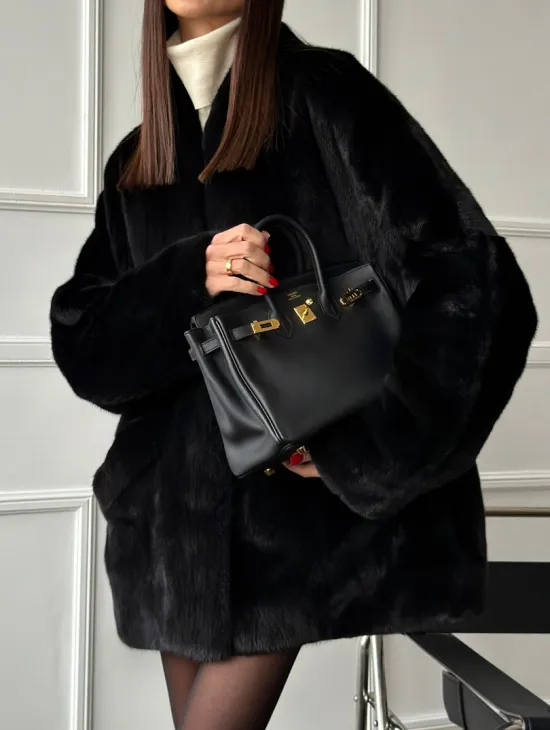 Жакет - шуба из норки BLACK с V-образным воротником, косыми карманами - фото 4