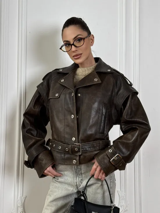 Женская косуха - жилет 2в1 трансформер из натуральной винтажной кожи - фото 0