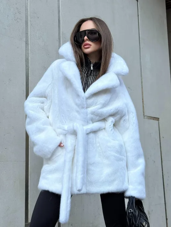 Белый норковый полушубок - кимоно с английским воротником - фото 8