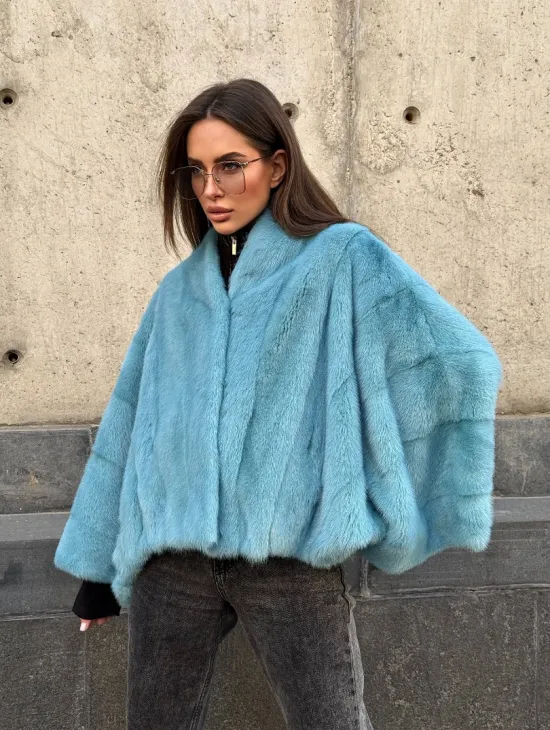 Норковая шуба летучка с V-образным воротником, цвет - тиффани - фото 7