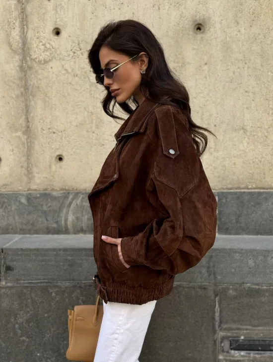 Винтажная куртка - бомбер из замши в коричневом цвете - фото 11