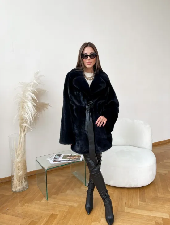 Полушубок из плюшевой норки с английским воротником - цвет инфинити - фото 4