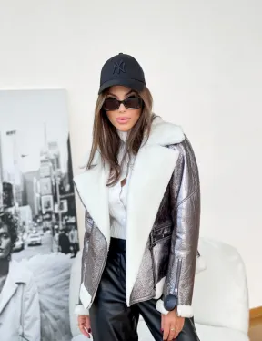 Дубленка овчина короткая - серебро - фото 2