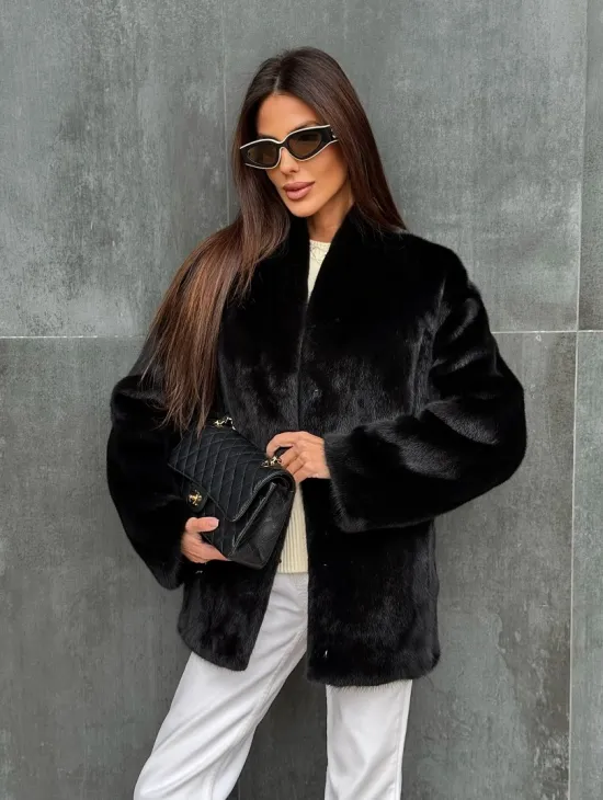 Черный норковый полушубок V-образный воротник - фото 7