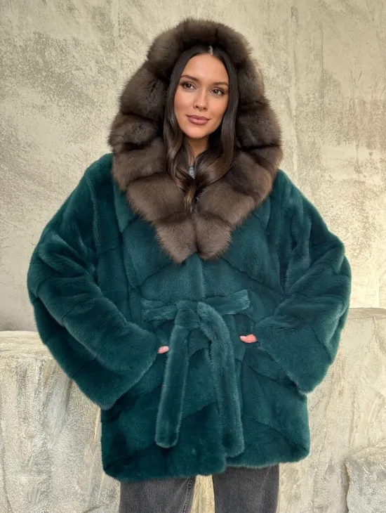 Шуба норка кимоно - капюшон куница - фото 5