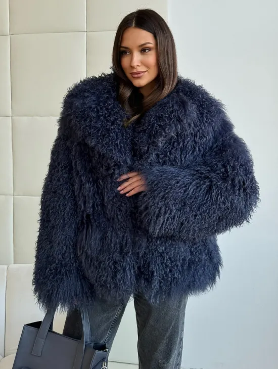 Шуба из ламы - цвет джинс - фото 2