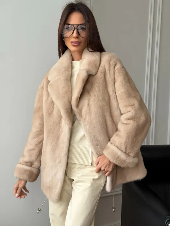 Норковый полушубок в натуральном цвете пастель - фото 0