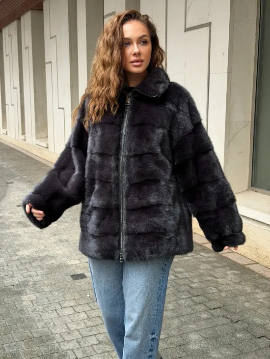 Норковая куртка на молнии - графит - фото 4