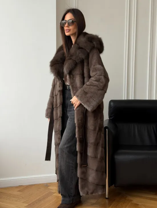 Шуба-кимоно с капюшоном куница - фото 11