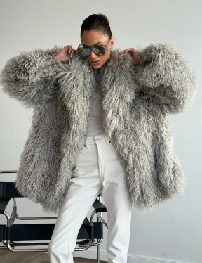 Серая шуба из ламы - фото 8