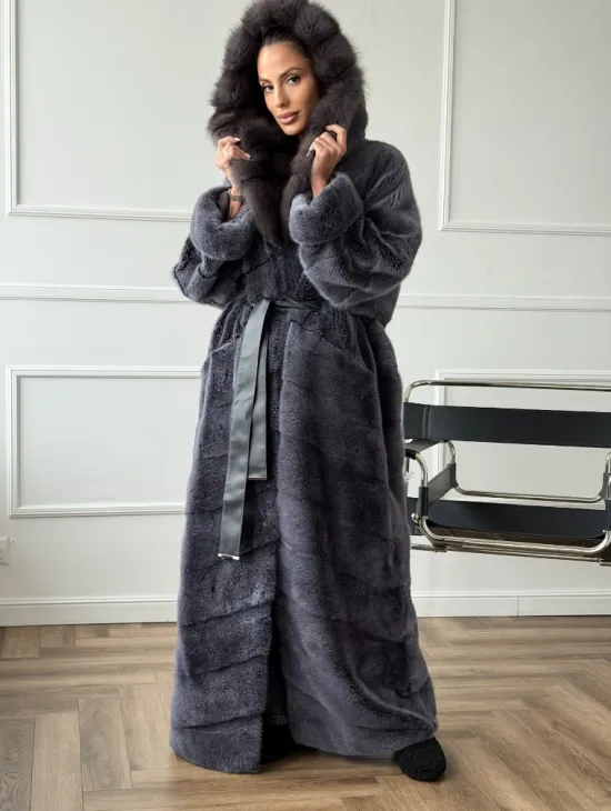 Длинная норковая шуба в пол с капюшоном куница - фото 4